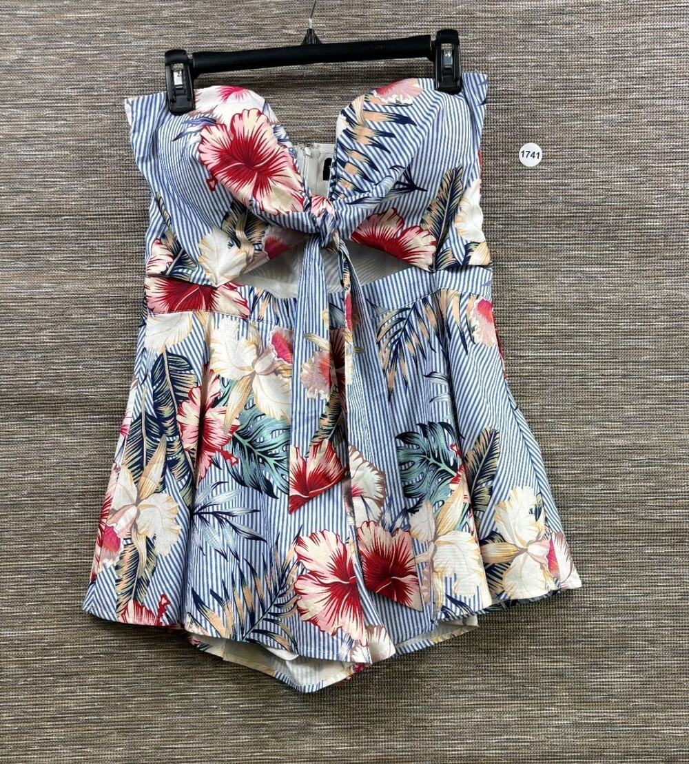 The Sang Floral Strapless Romper Womens Size L Blue Casual